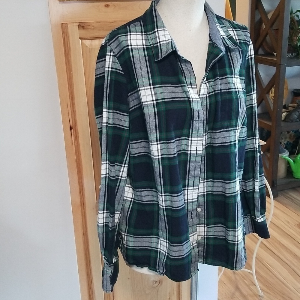 Tommy Hilfiger 100% Cotton Button Down Ladies Large Blue Green Red Plaid